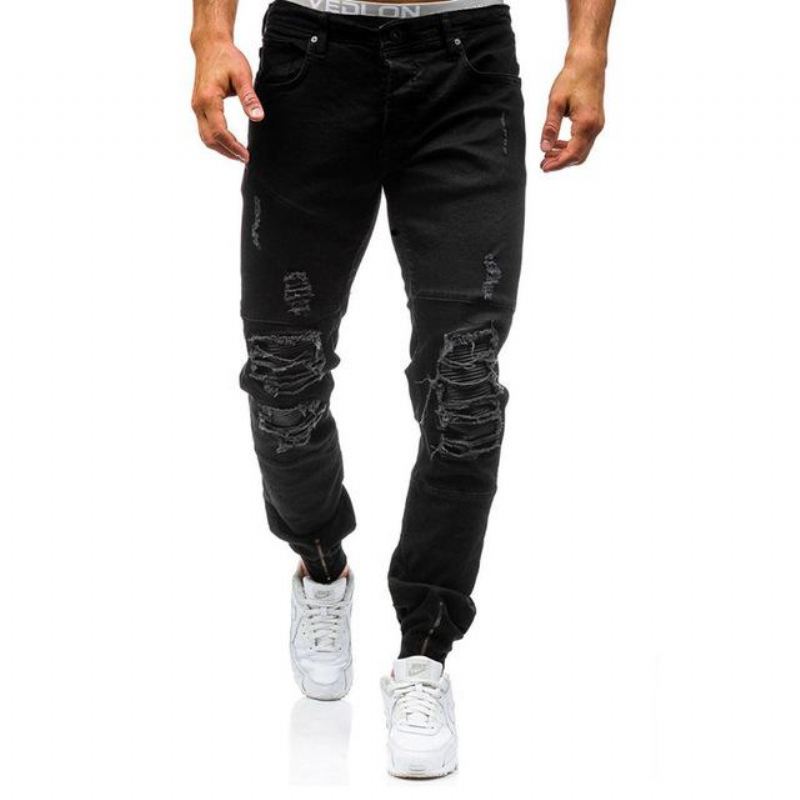 Hip Hop Tvättade Män Skinny Hole Jean