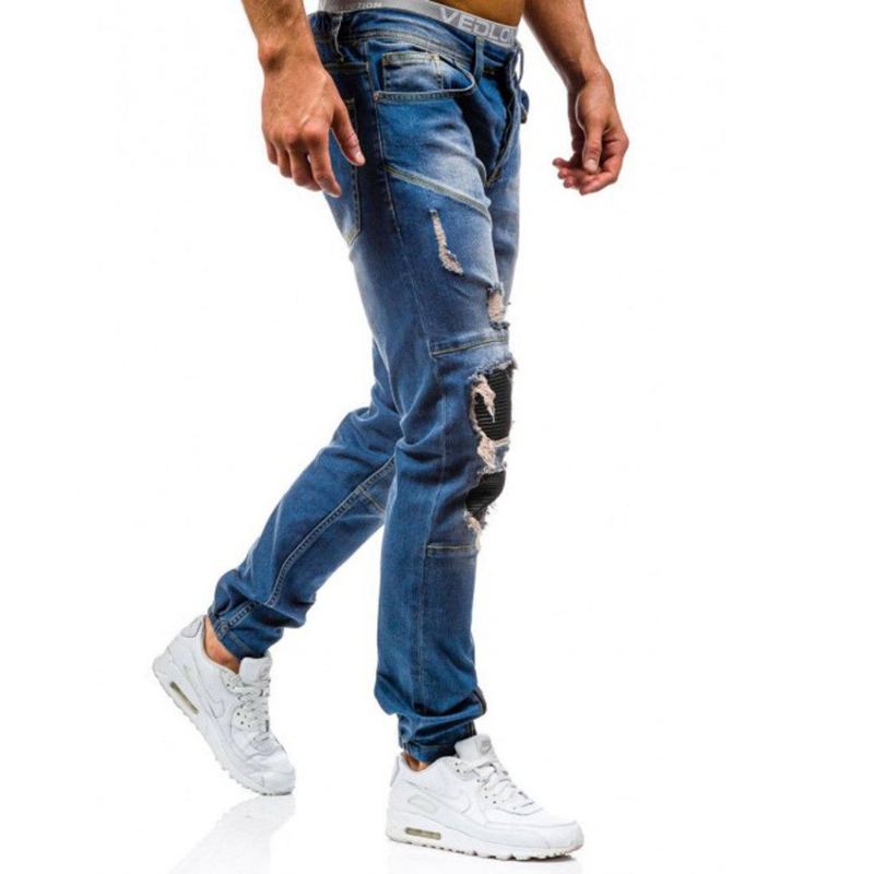 Hip Hop Tvättade Män Skinny Hole Jean