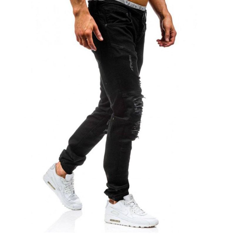 Hip Hop Tvättade Män Skinny Hole Jean