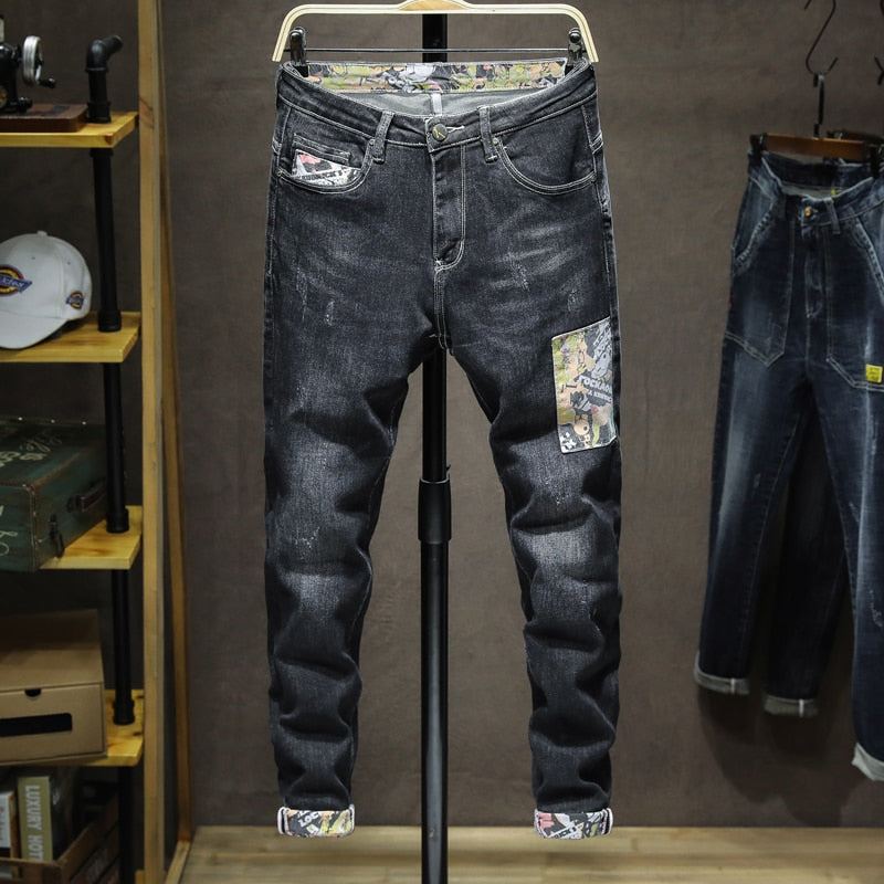 Stretch Pacthwork Mönster Mode Jeans